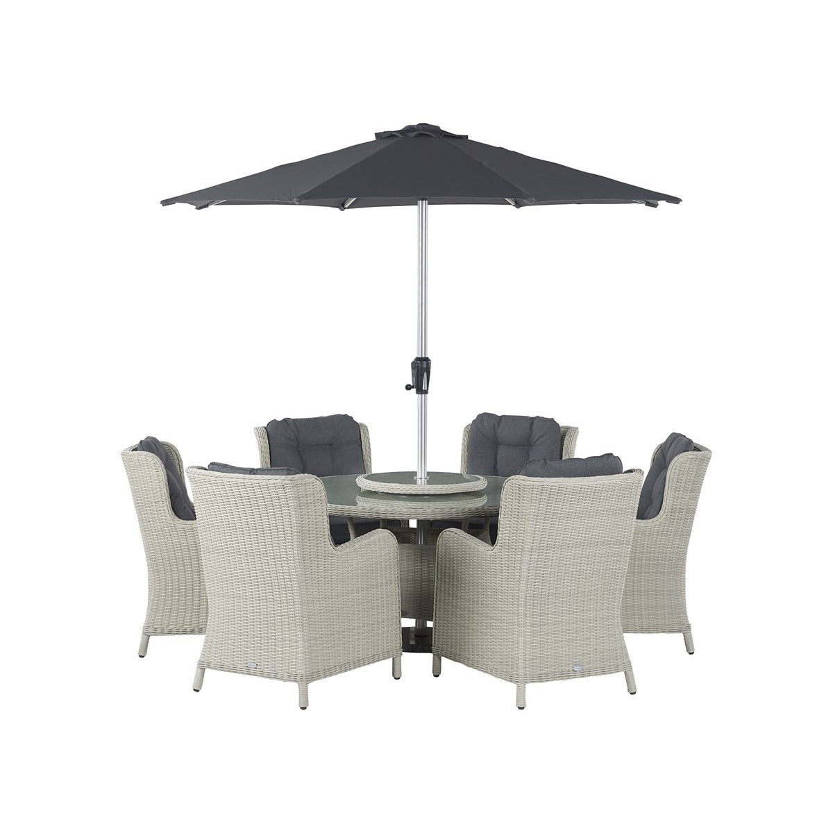 Dove Grey Rattan 6 Seat Round Dining Set with Lazy Susan, Parasol & Basegarden