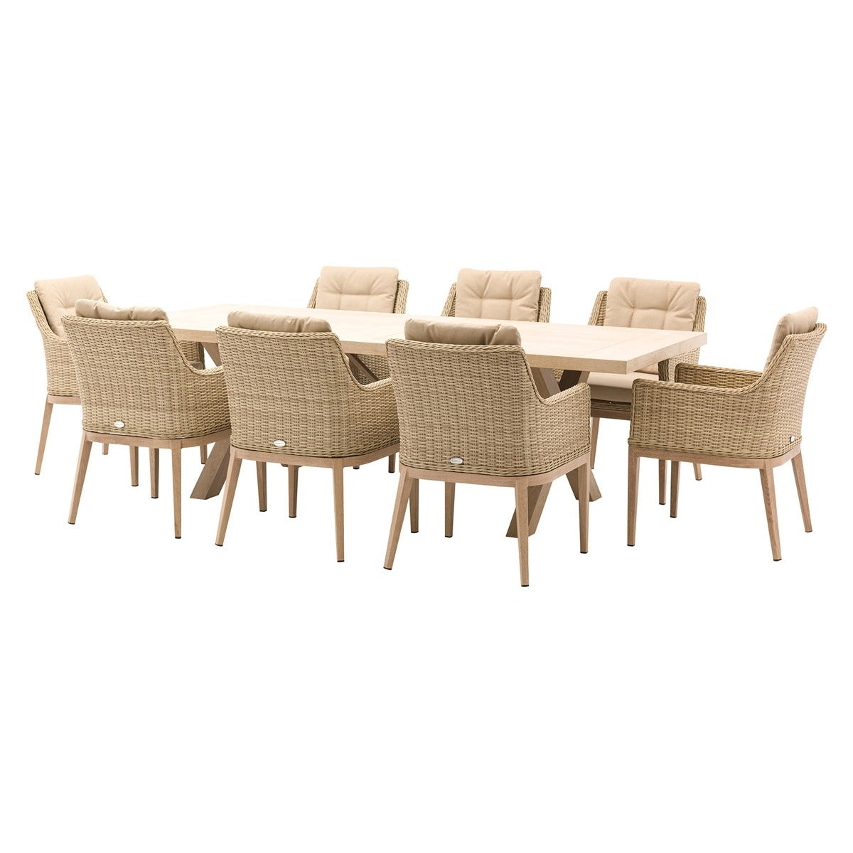 Sandstone Ceramic Rectangle Dining Set with 8 Rattan Vogue Armchairsgarden