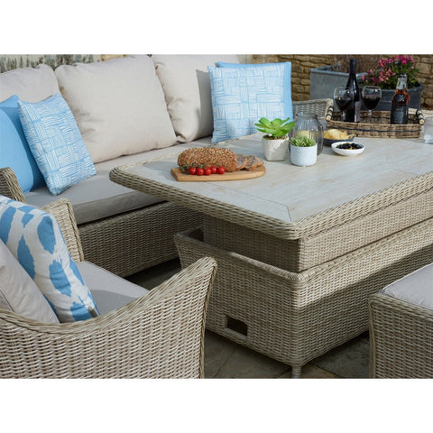 Sandstone Rattan 3 Seater Sofa with Dual Height Rectangle Table, 2 Armchairs & Benchgarden