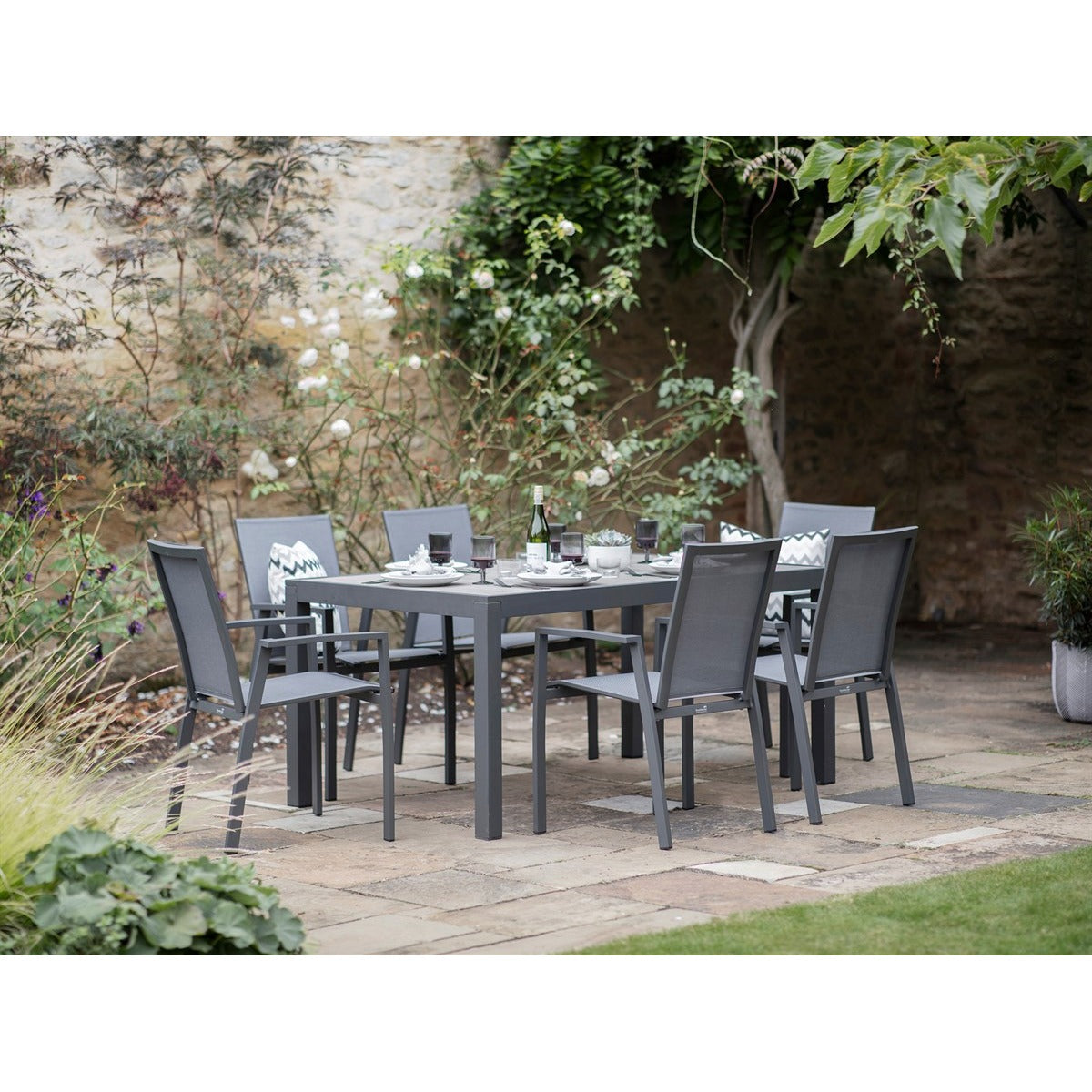 Textilene 6 Seat Rectangle Dining Set with Parasol & Basegarden