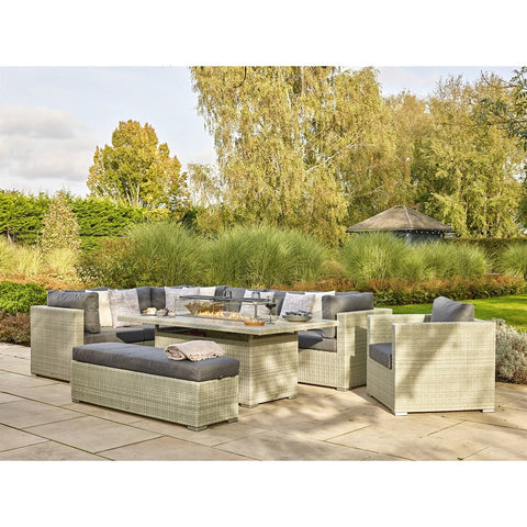 Cloud Rattan L-Shape Sofa with Rectangle Firepit Table, Armchair & Benchgarden