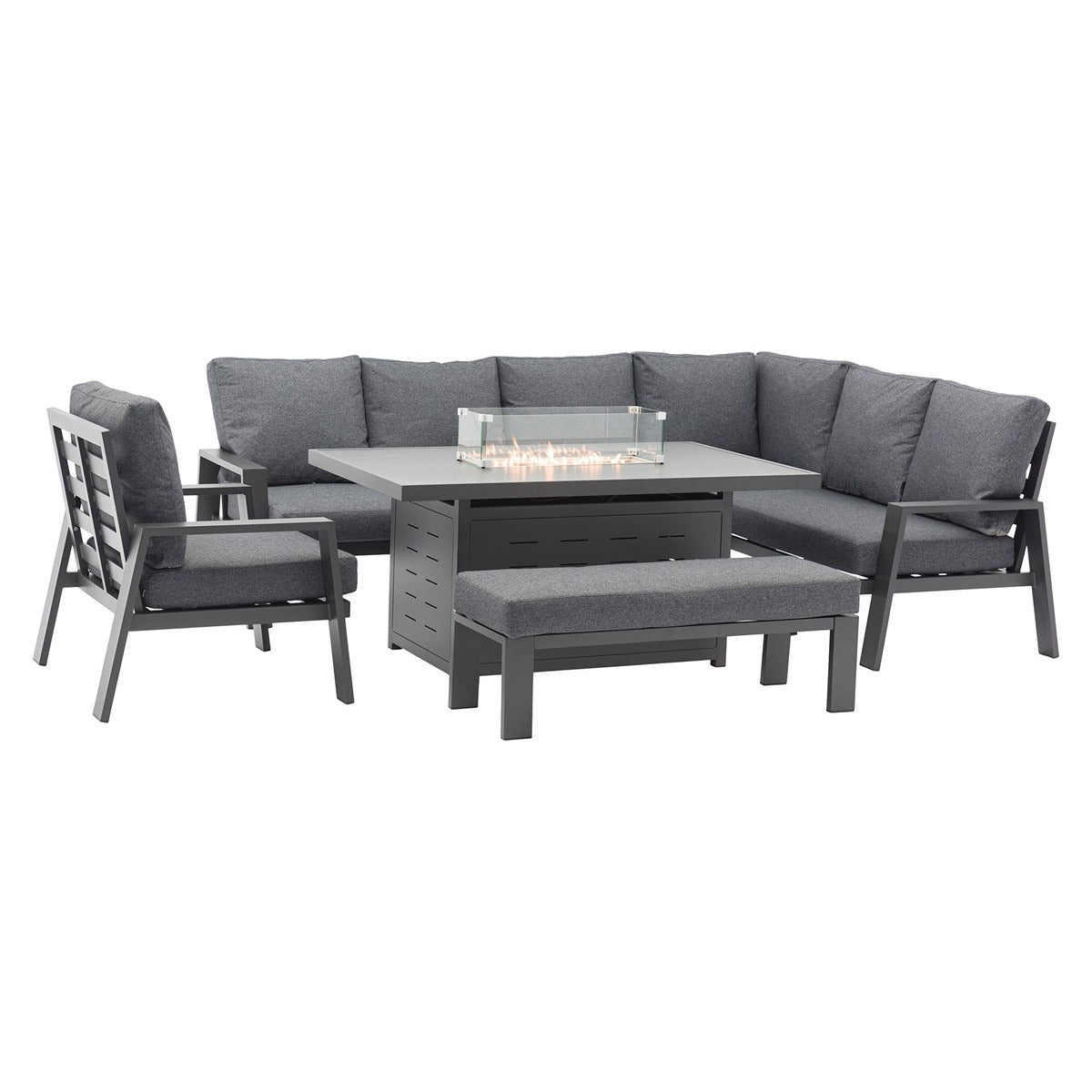 L-Shape Sofa with Rectangle Firepit Table, Bench & Chairgarden