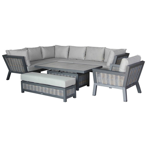 Wicker L-Shape Sofa with Rectangle Piston Adjustable Height Table, Bench & Chairgarden