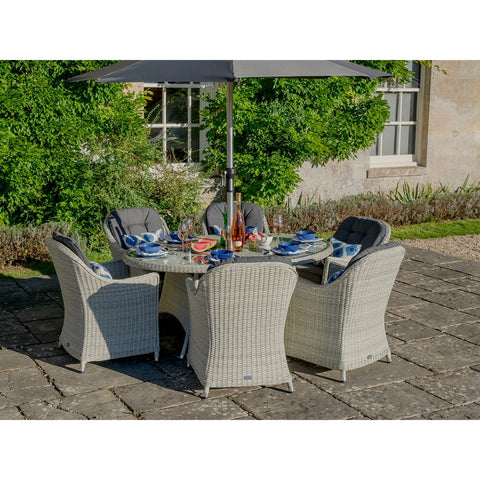 Dove Grey Rattan 6 Seat Elliptical Dining Set with Parasol & Basegarden