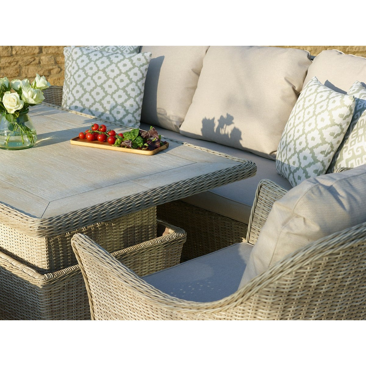 Sandstone Rattan 3 Seater Sofa with Dual Height Rectangle Table, 2 Armchairs & Benchgarden