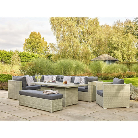 Cloud Rattan L-Shape Sofa with Rectangle Firepit Table, Armchair & Benchgarden