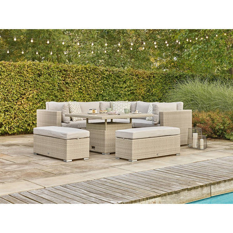 Nutmeg Rattan Corner Sofa with Square Dual Height Table & 2 Benchesgarden