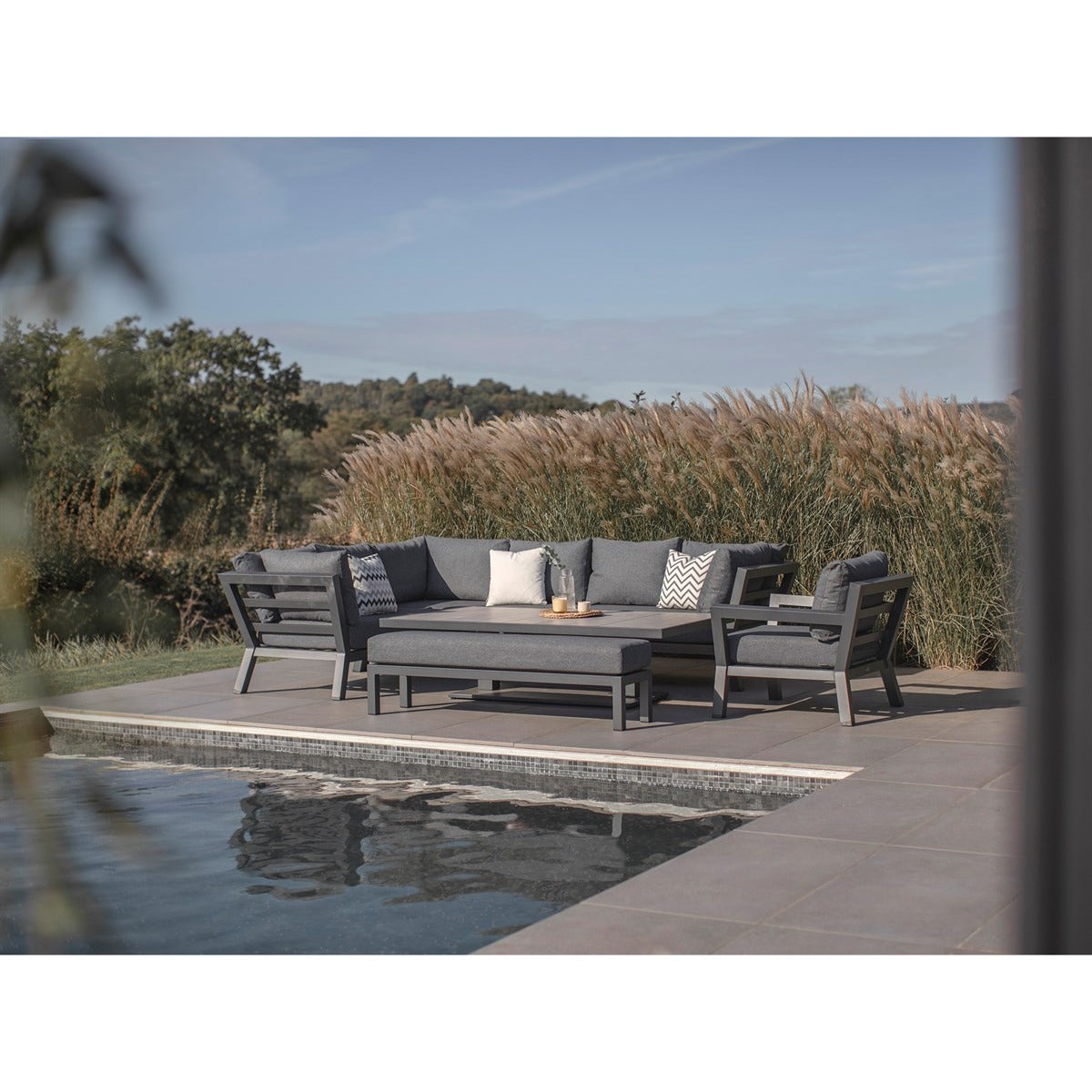 Marino L-Shape Sofa with Rectangle Piston Adjustable Height Table, Bench & Chairgarden