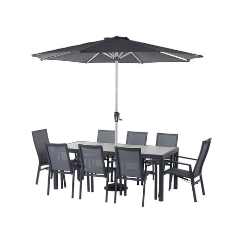 Textilene 8 Seat Rectangle Dining Set, including 2 Recliners, with Parasol & Basegarden