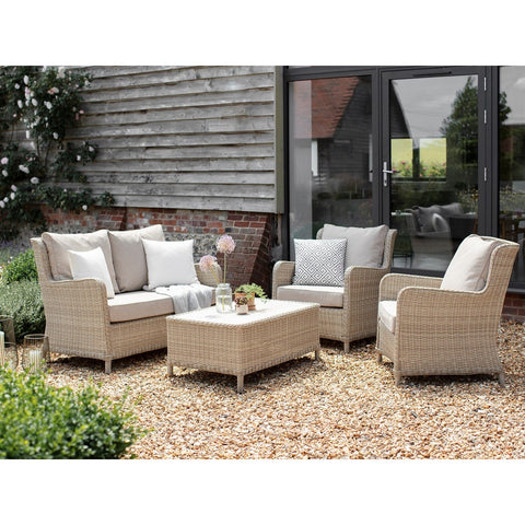 Sandstone Rattan 2 Seater Sofa with Rectangle Coffee Table & 2 Armchairsgarden