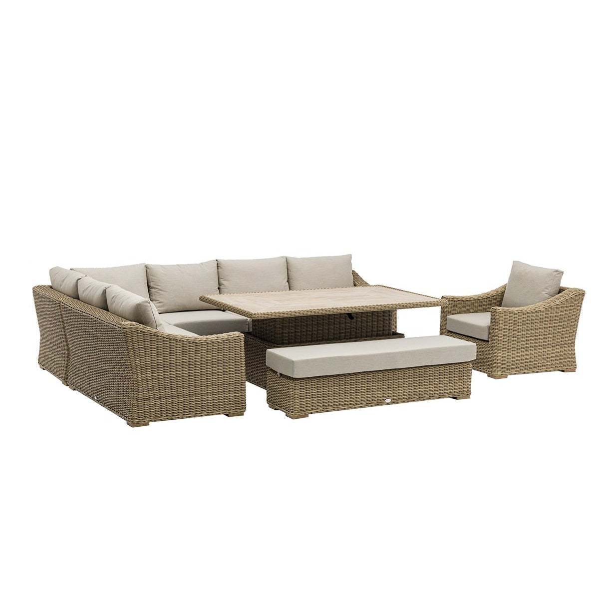 Rattan L-Shape Sofa with Rectangle Piston Adjustable Height Table, Bench & Chairgarden