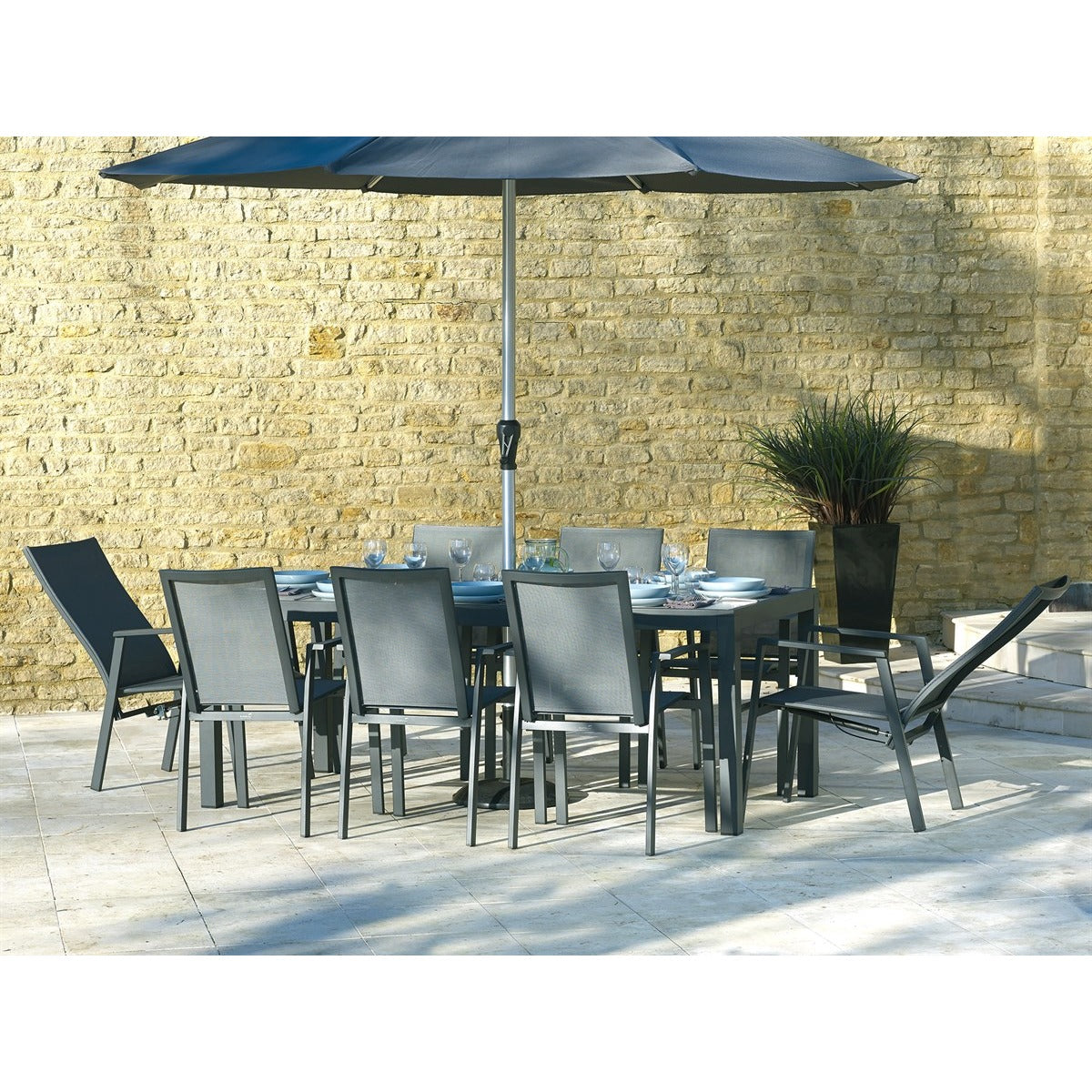 Textilene 8 Seat Rectangle Dining Set, including 2 Recliners, with Parasol & Basegarden