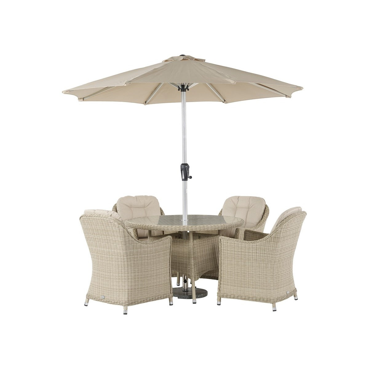 Sandstone Rattan 4 Seat Round Dining Set with Parasol & Basegarden