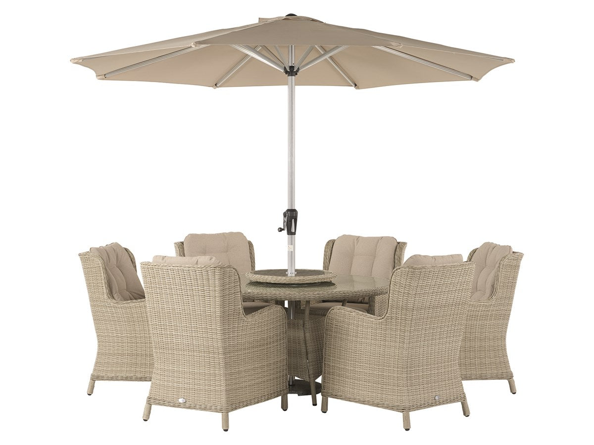 Sandstone Rattan 6 Seat Round Dining Set with Lazy Susan, Parasol & Basegarden