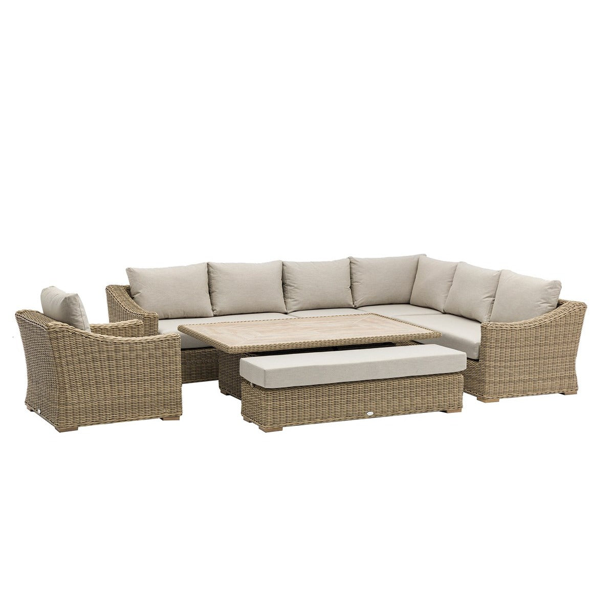 Rattan L-Shape Sofa with Rectangle Piston Adjustable Height Table, Bench & Chairgarden