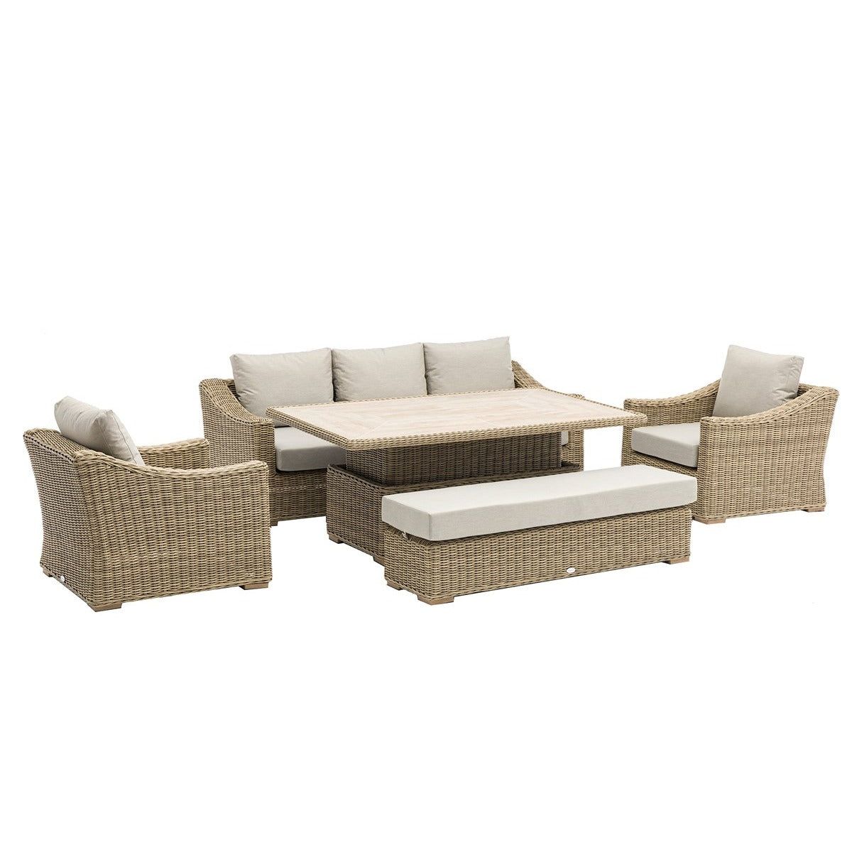 Rattan 3 Seater Sofa with Rectangle Piston Adjustable Table, 2 Armchairs & Benchgarden