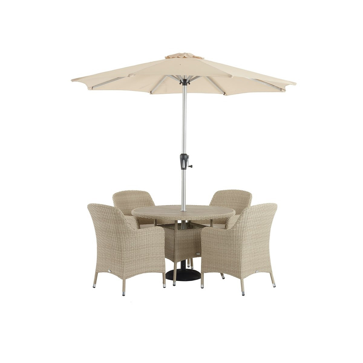 Nutmeg Rattan 4 Seat Round Dining Set with Tree-Free Top, Parasol & Basegarden