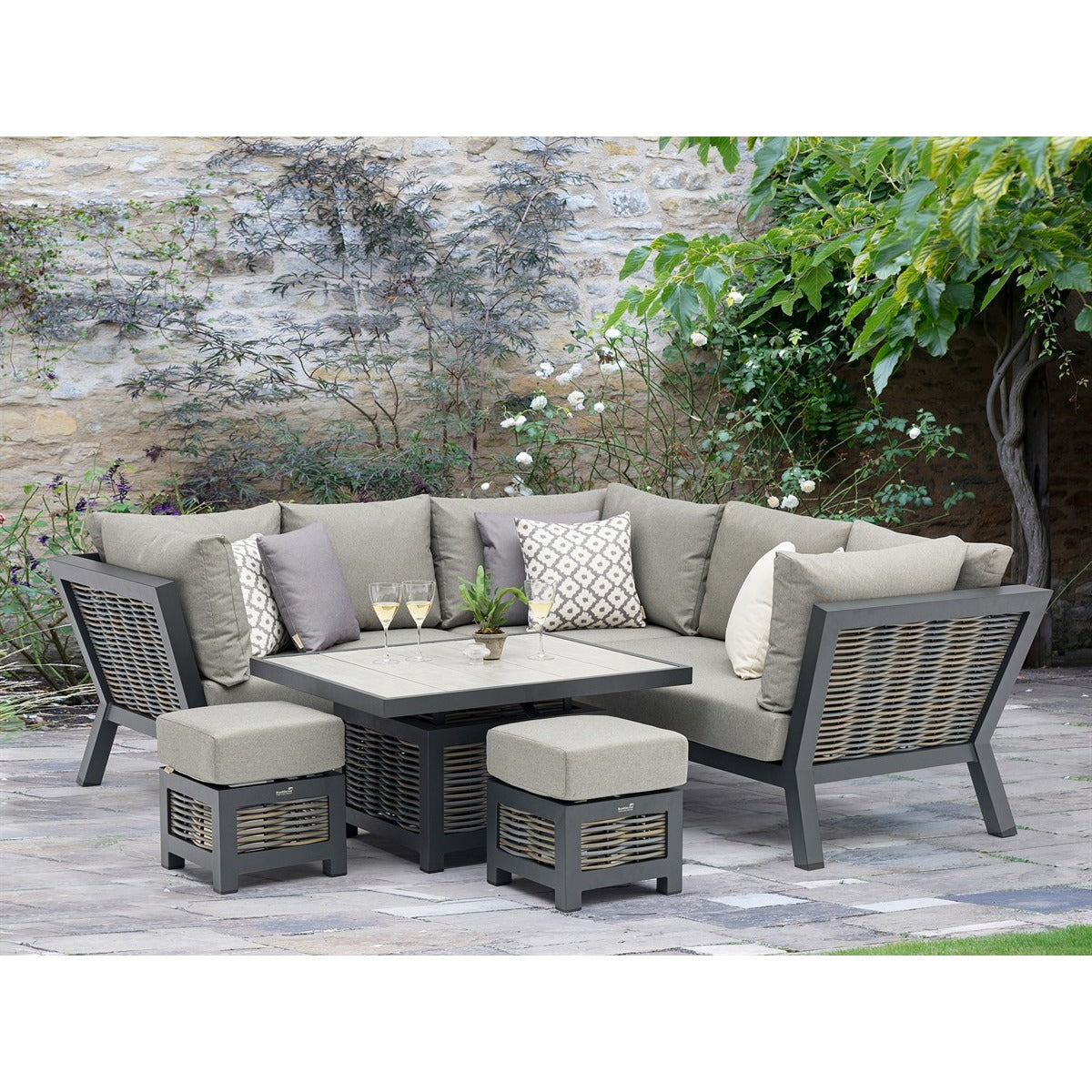 Wicker Corner Sofa with Mini Piston Adjustable Table & 2 Stoolsgarden