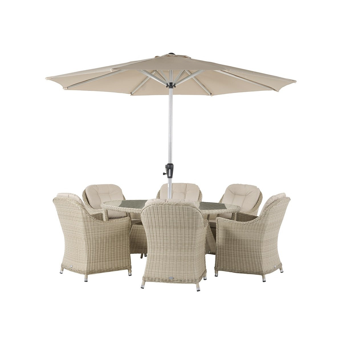 Sandstone Rattan 6 Seat Elliptical Dining Set with Parasol & Basegarden