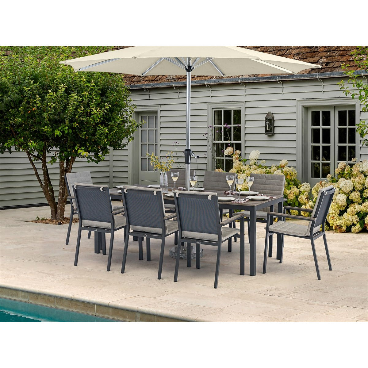 8 Seat Rectangle Dining Set with Parasol & Basegarden