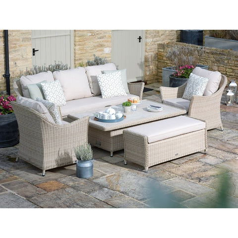 Sandstone Rattan 3 Seater Sofa with Dual Height Rectangle Table, 2 Armchairs & Benchgarden