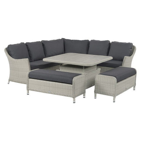 Dove Grey Rattan Curved Corner Sofa with Square Dual Height Table & 2 Benchesgarden