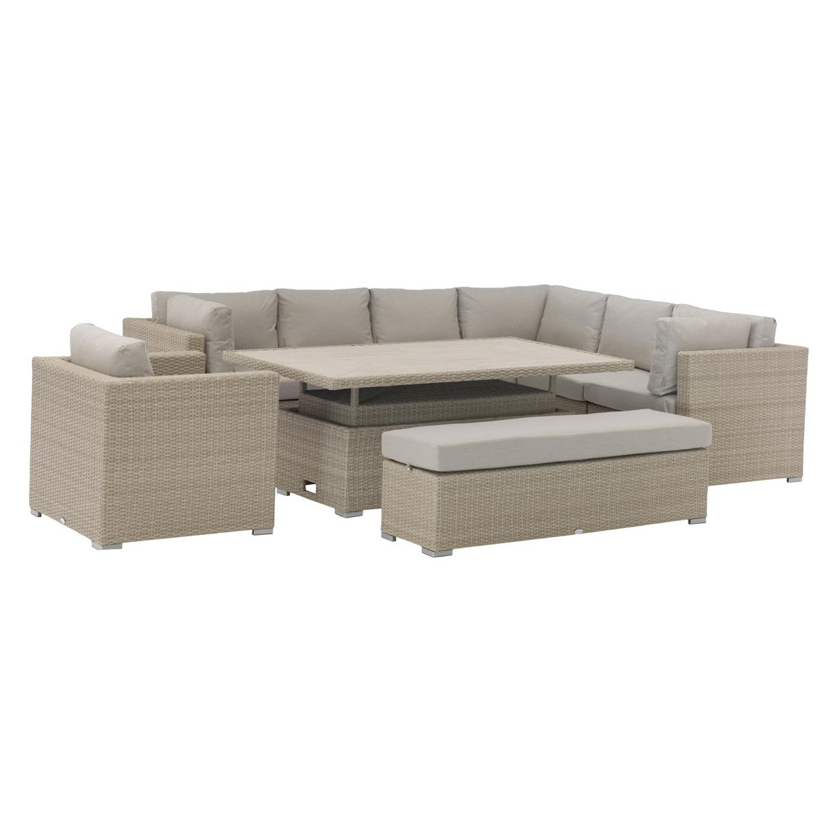 Nutmeg Rattan L-Shape Sofa with Rectangle Dual Height Table, Armchair & Benchgarden