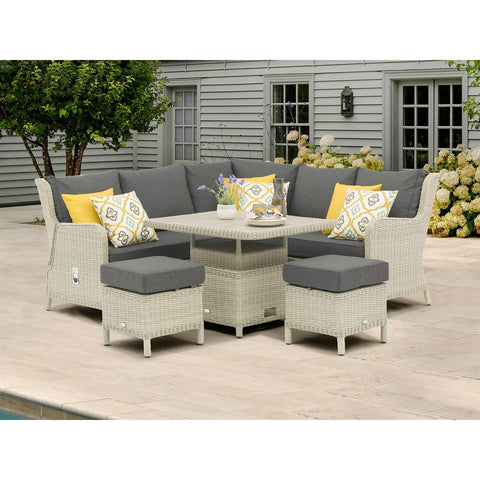 Dove Grey Rattan Reclining Mini Corner Sofa with Dual Height Table & 2 Stoolsgarden