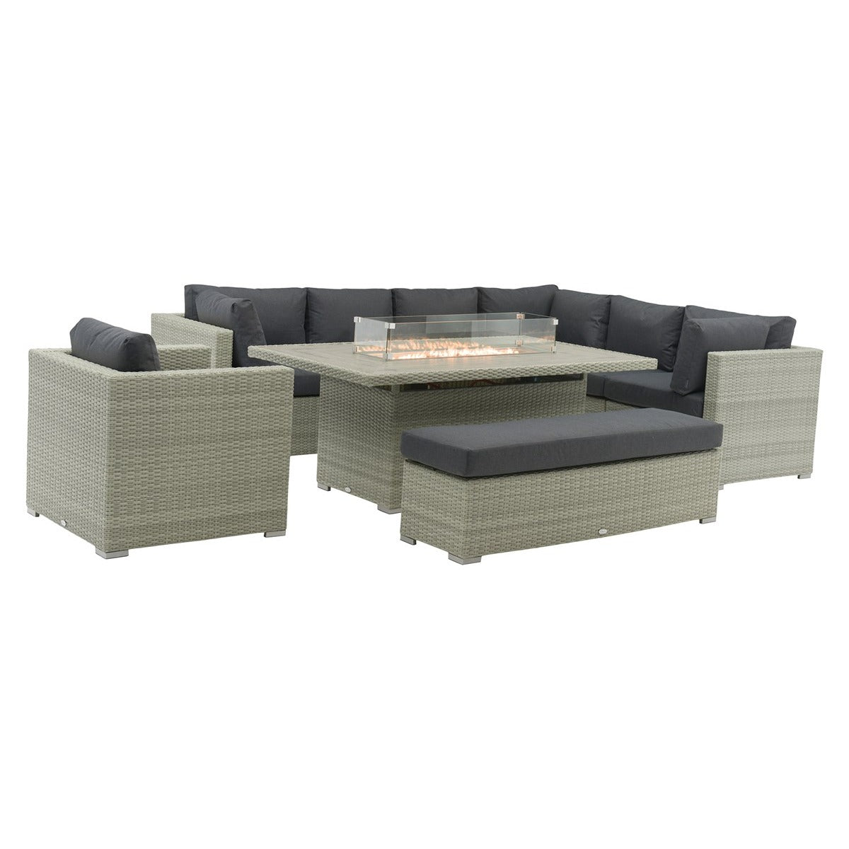 Cloud Rattan L-Shape Sofa with Rectangle Firepit Table, Armchair & Benchgarden