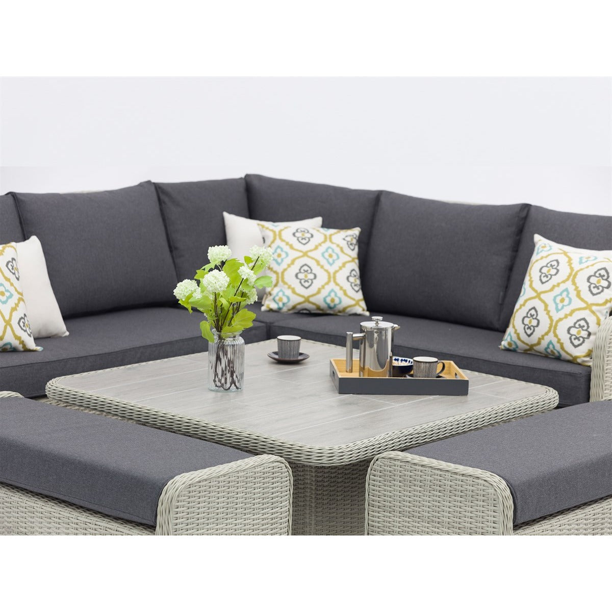 Dove Grey Rattan Reclining Corner Sofa with Square Dual Height Tablegarden