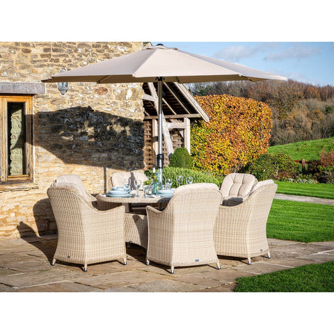 Sandstone Rattan 6 Seat Elliptical Dining Set with Parasol & Basegarden