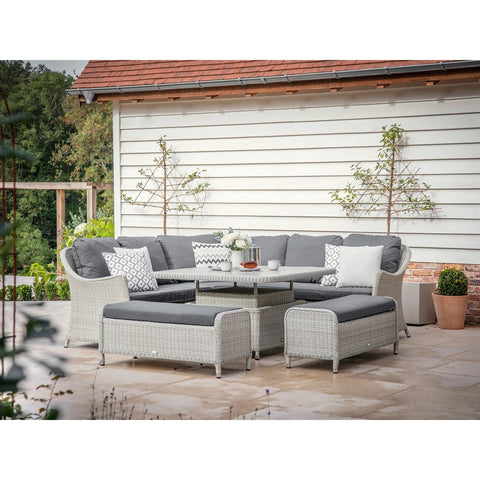 Dove Grey Rattan Curved Corner Sofa with Square Dual Height Table & 2 Benchesgarden