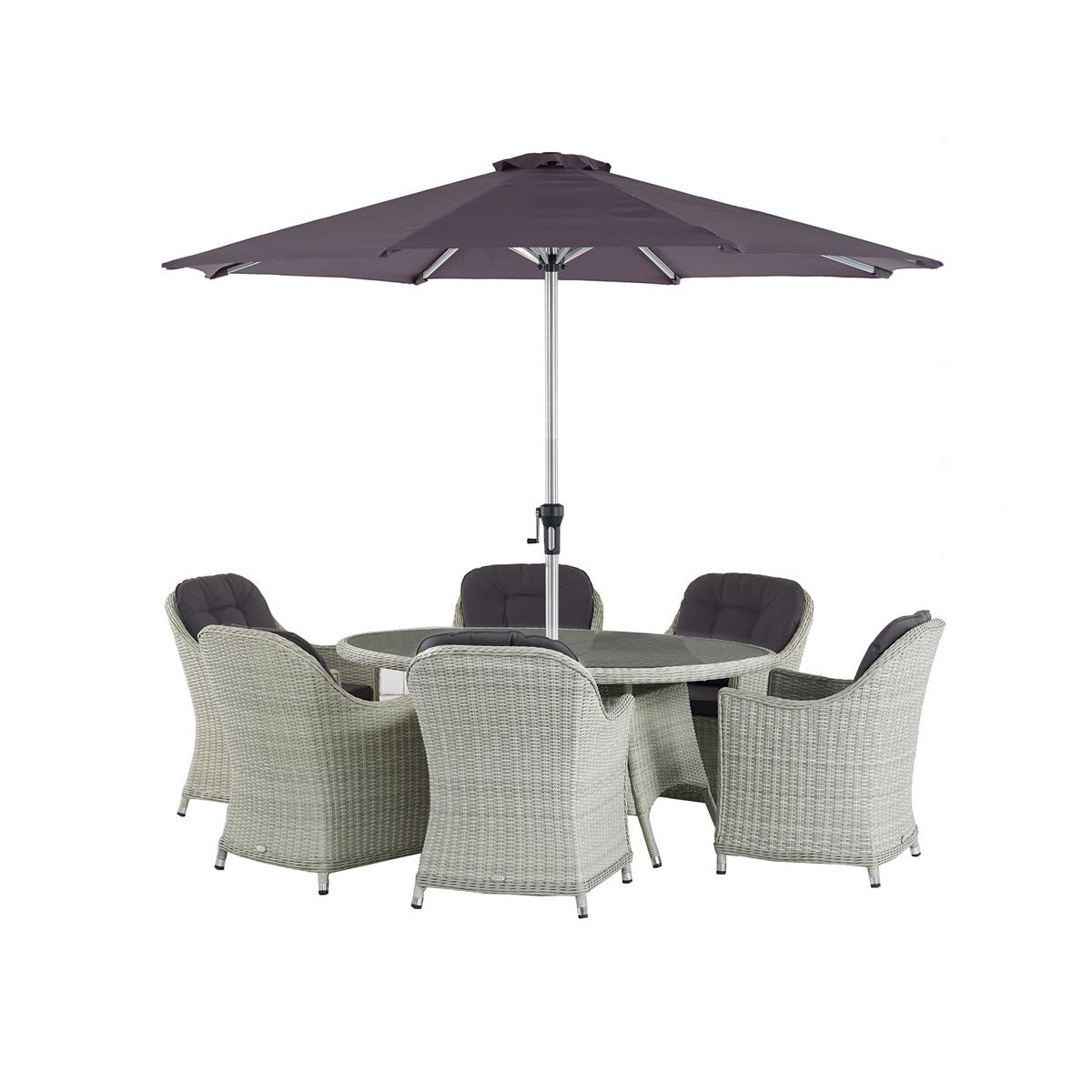 Dove Grey Rattan 6 Seat Elliptical Dining Set with Parasol & Basegarden