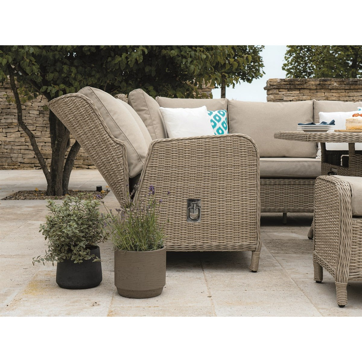 Sandstone Rattan Reclining Corner Sofa with Square Firepit Table & 2 Benchesgarden