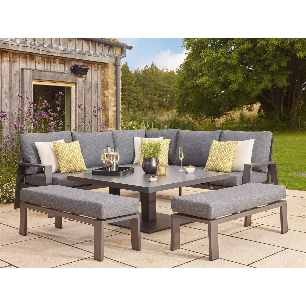 orner Sofa with Square Piston Adjustable Table & 2 Benchesgarden