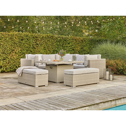 Nutmeg Rattan Corner Sofa with Square Firepit Table & 2 Benchesgarden