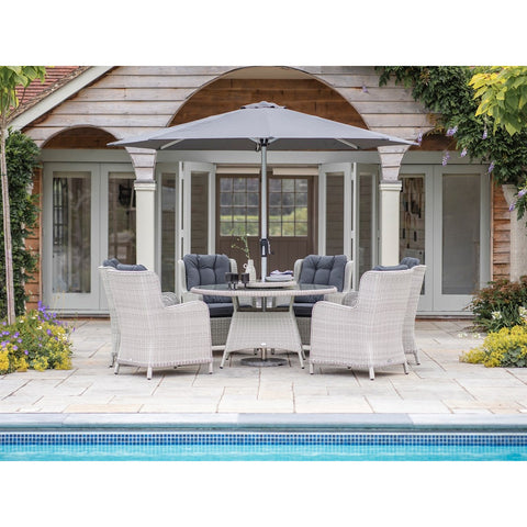 Dove Grey Rattan 6 Seat Round Dining Set with Lazy Susan, Parasol & Basegarden