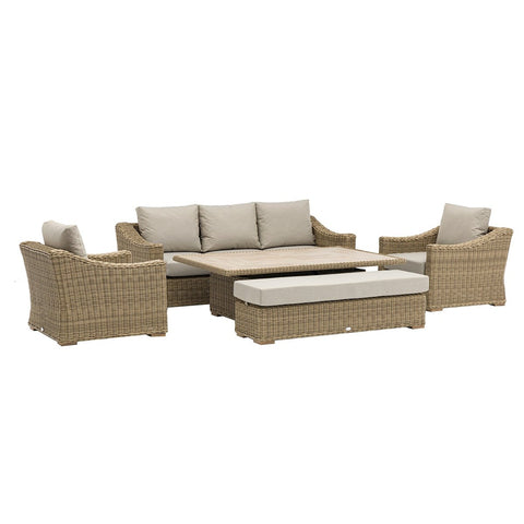 Rattan 3 Seater Sofa with Rectangle Piston Adjustable Table, 2 Armchairs & Benchgarden