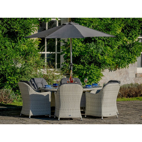 Dove Grey Rattan 6 Seat Elliptical Dining Set with Parasol & Basegarden