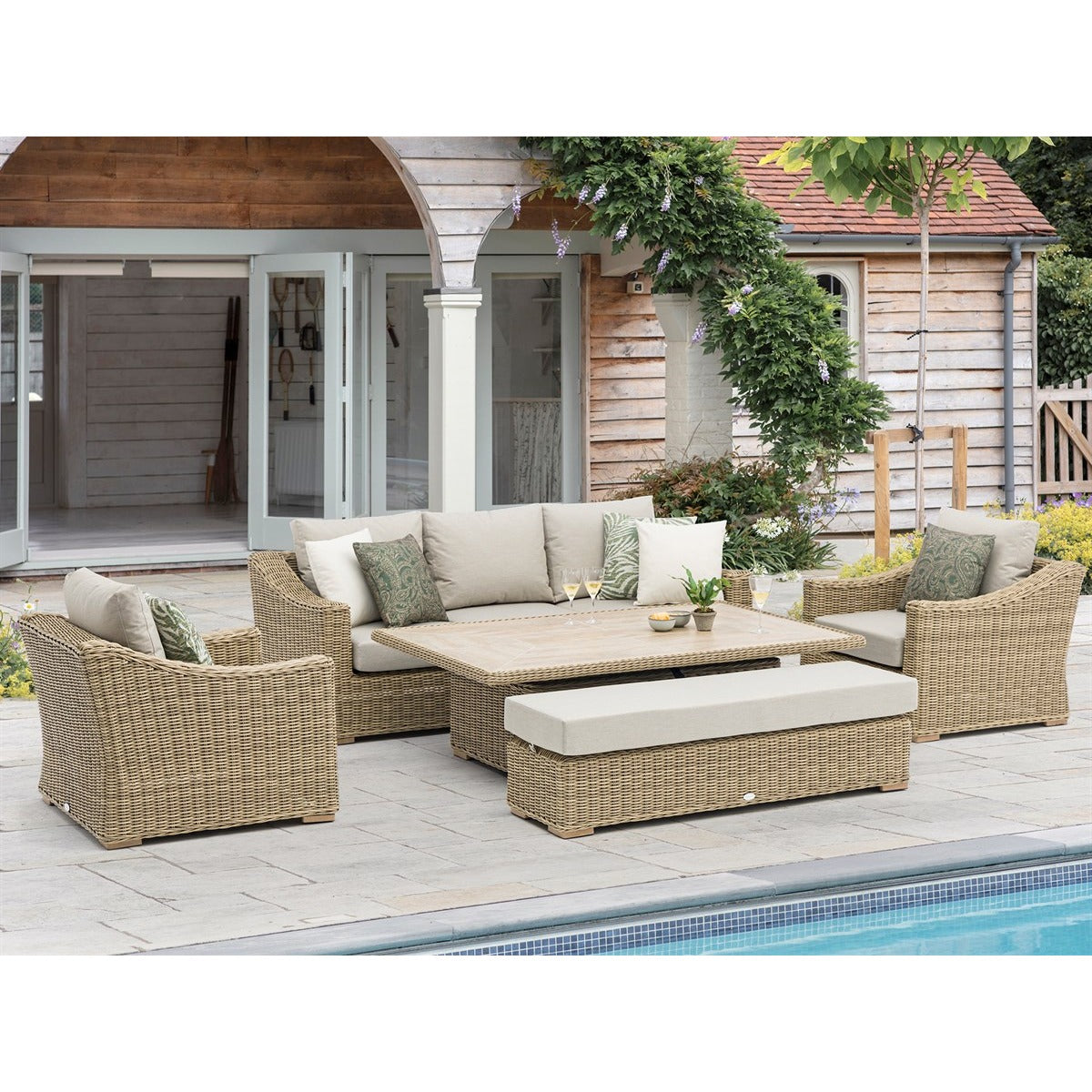 Rattan 3 Seater Sofa with Rectangle Piston Adjustable Table, 2 Armchairs & Benchgarden