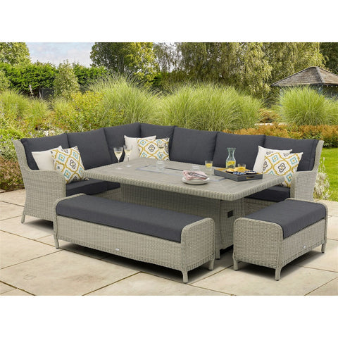 Dove Grey Rattan L-Shape Sofa with Rectangle Firepit Table & 2 Benchesgarden