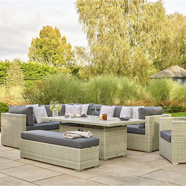 Kingscote Cloud Rattan L-Shape Sofa with Rectangle Firepit Table, Armchair & Benchgarden