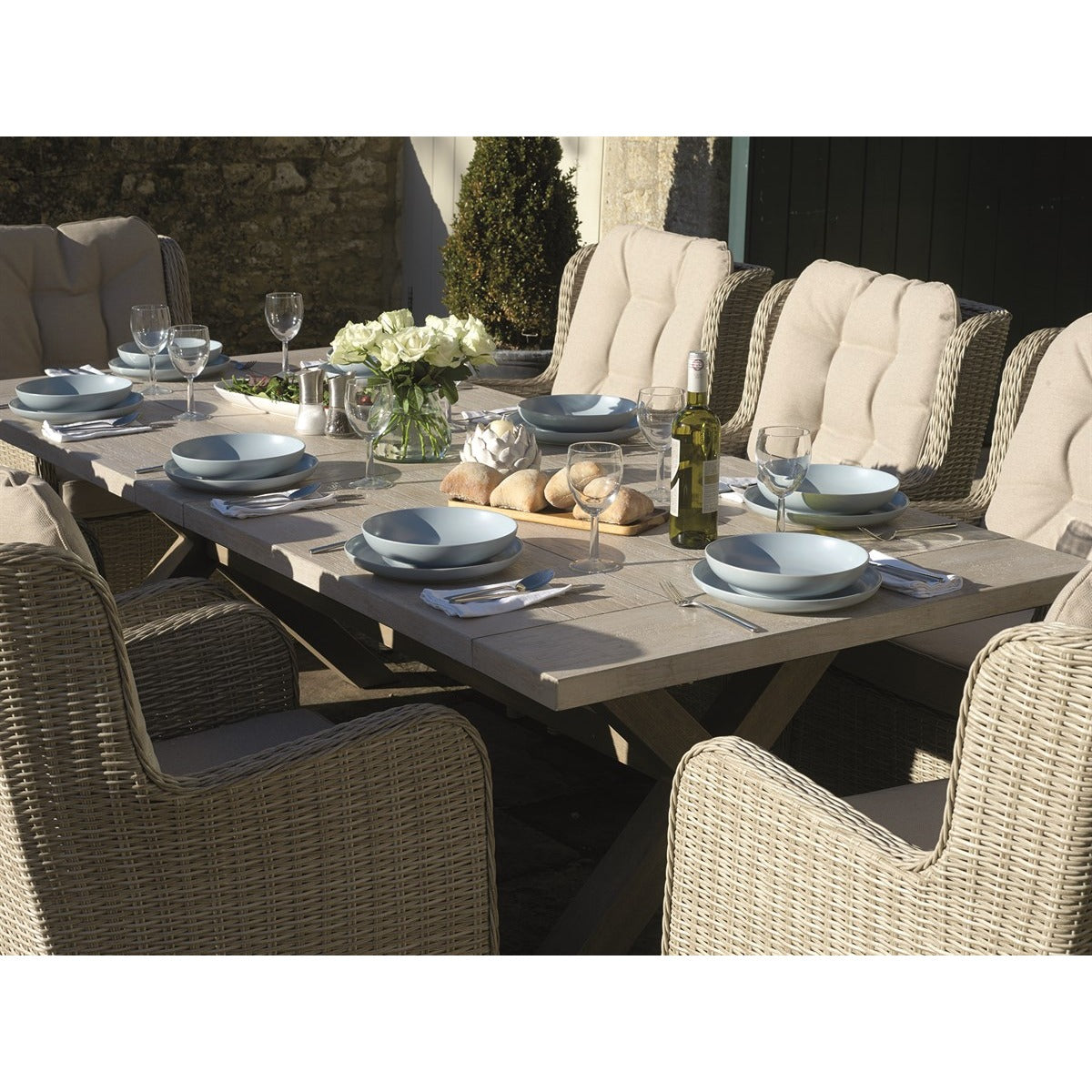 Sandstone Ceramic Rectangle Table with 8 Rattan Armchairsgarden