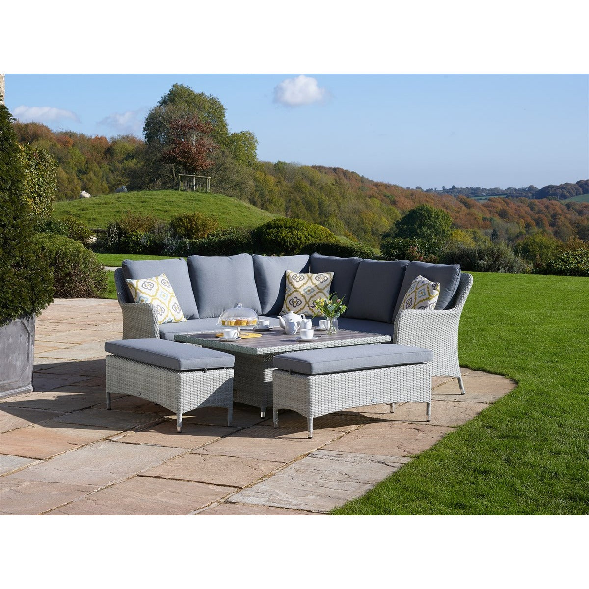 Cloud Rattan Corner Sofa with Square Dual Height Tree-Free Top Table & 2 Benchesgarden