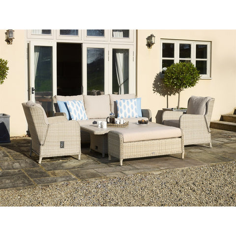 Sandstone Rattan Reclining 3 Seater Sofa with Rectangle Dual Height Table, 2 Reclining Armchairs & Benchgarden