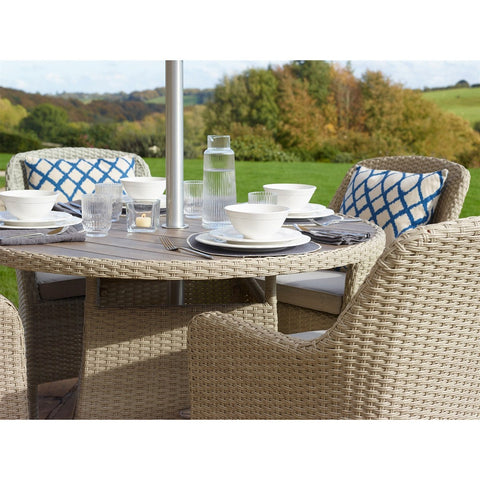 Nutmeg Rattan 4 Seat Round Dining Set with Tree-Free Top, Parasol & Basegarden