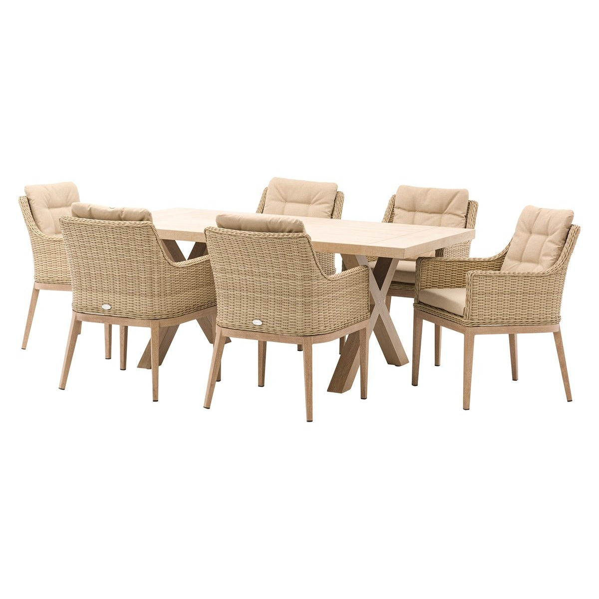 Sandstone Ceramic Rectangle Dining Set with 6 Rattan Vogue Armchairsgarden