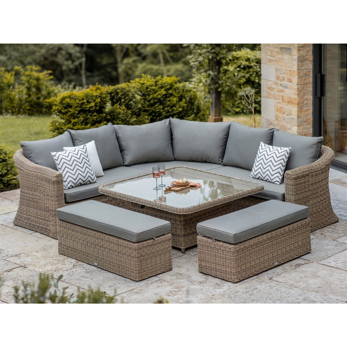 Rattan Deluxe Corner Sofa with Square Dual Height Table & 2 Benchesgarden