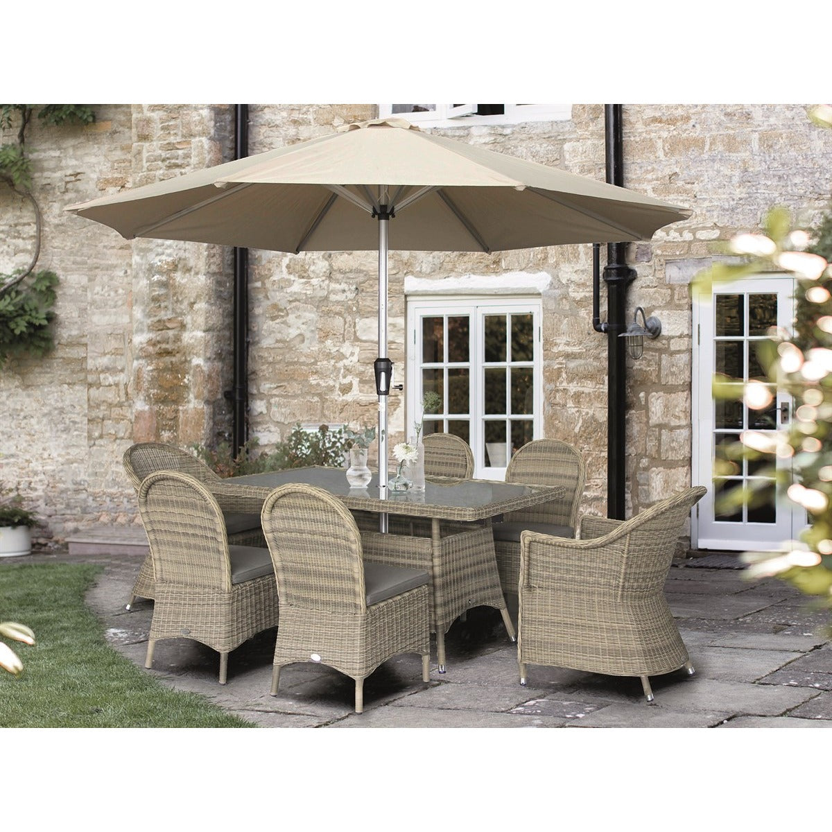 Rattan 6 Seat Rectangle Dining Set with Parasol & Basegarden