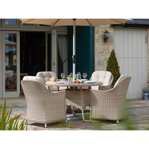 Sandstone Rattan 4 Seat Round Dining Set with Parasol & Basegarden